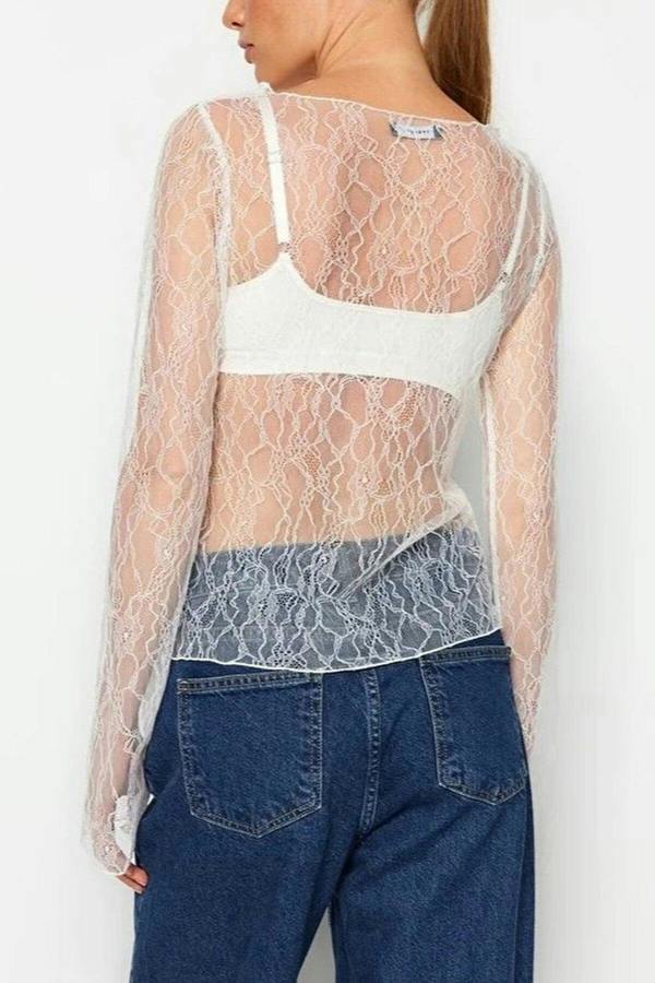 WOVCOR Boat Neck Lace Stretch Knit Blouse