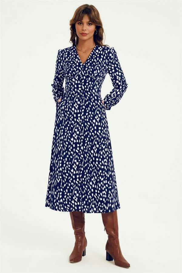 FS Collection Brushstroke Print Long Sleeve Button Front Midi Dress In Navy