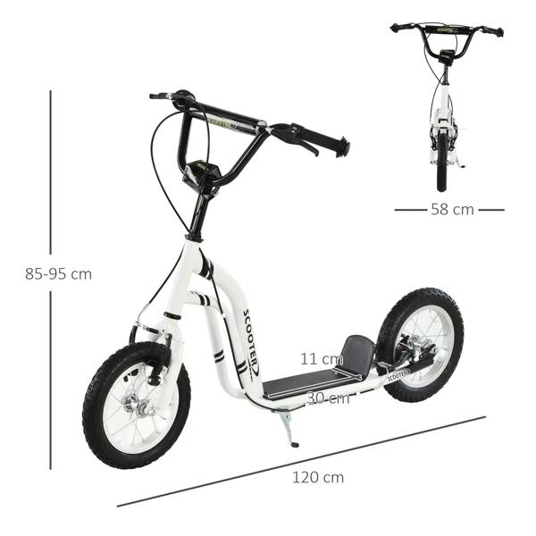 Adjustable kick scooter with white frame, black seat, and front and rear inflatable wheels
