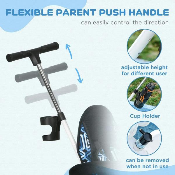 Adjustable parent push handle with cup holder on kids tricycle
