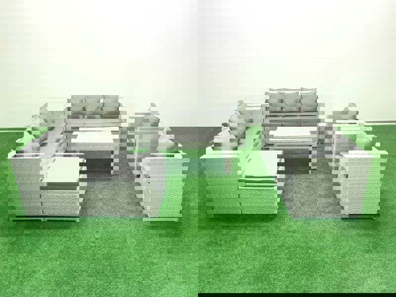 Fimous Outdoor Garden Furniture Rattan Sofa Set with 2 Armchairs Oblong Coffee Table Big Footstool Side Table Light Grey Mixed