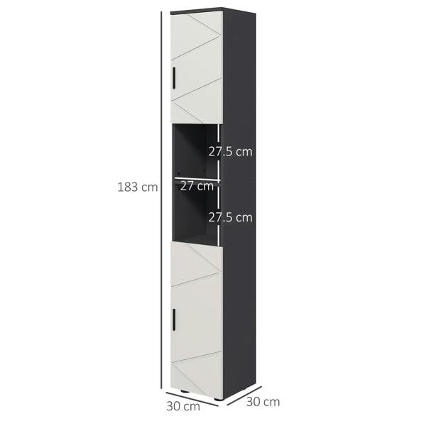 Tall bathroom storage cabinet in light grey with open shelves and door panels, size shown