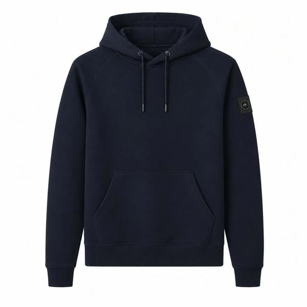 Navy blue Marshall Artist Siren pullover hoodie with drawstring hood, front kangaroo pocket, and sleeve logo patch.