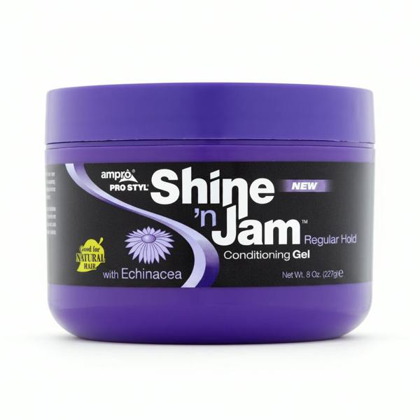 Purple jar of 'Shine 'n Jam' conditioning gel with a black label on a white background