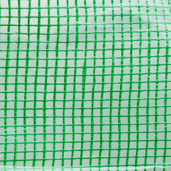 Close-up of green mesh netting fabric for a polytunnel greenhouse tent