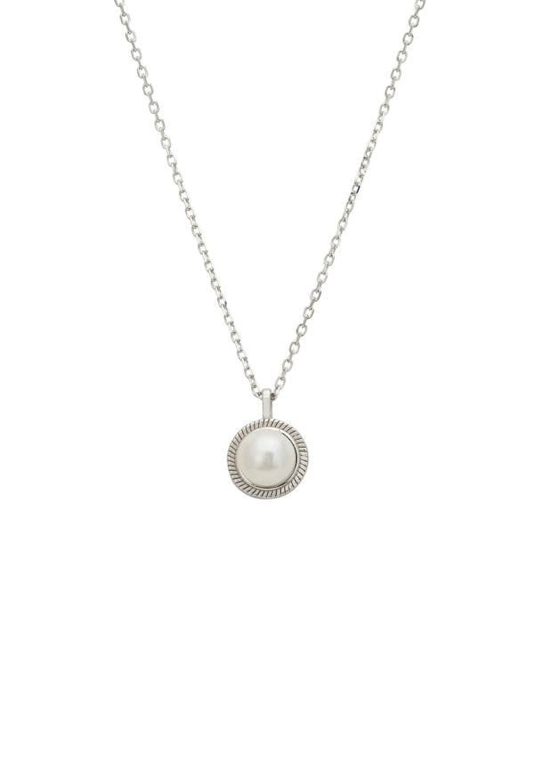Silver necklace with a round pendant on a white background