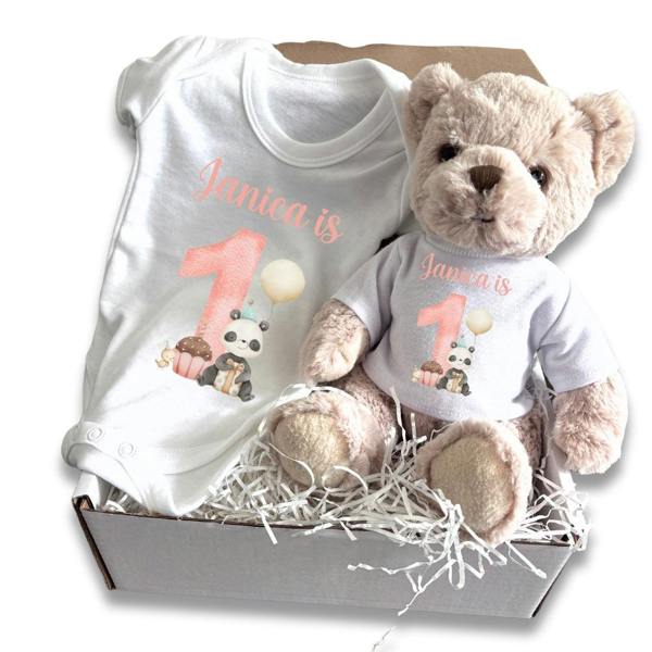 Personalised Girls 1st Birthday Panda Gift Hamper Baby Gift Box - Teddy & Vest