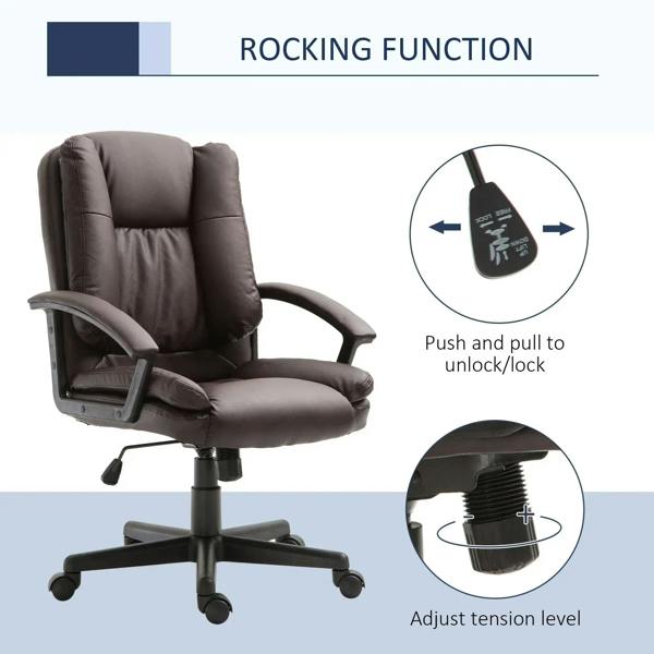 Brown mid-back office chair with curved armrests, rocking base and control for locking