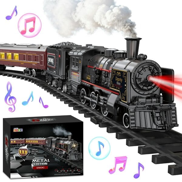 deAO Toys Deluxe Edition Steam Train Set Electric Classic Locomotive Toy with Lights, Real Smoke & Sounds