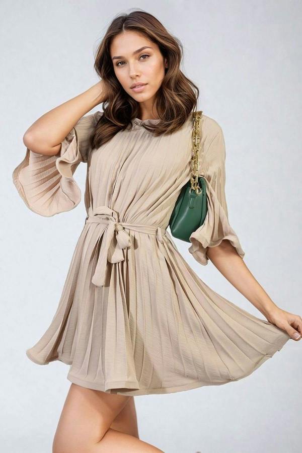 Carmen Pleated Tie Waist Mini Dress - Beige