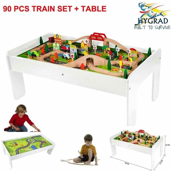 HYGRAD BUILT TO SURVIVE Kids Wooden Activity White Table and 90 Piece Train Set Car Track + Accessories
