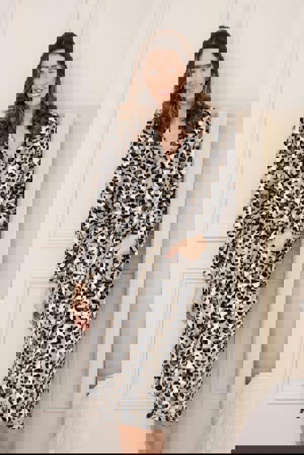 Camille Women's Brown Snow Leopard Supersoft Fleece Hooded Calf Length Bathrobe