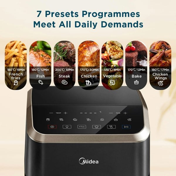 Midea 5L Air Fryer with Visible Window, Heatxpress Technology, 7-in-1 Presets, 90% Less Oil, Non-Stick, 1600W