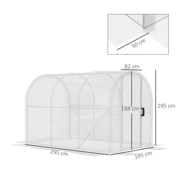 Walk-in greenhouse with clear PE cover, arched frame, and side door with size guides