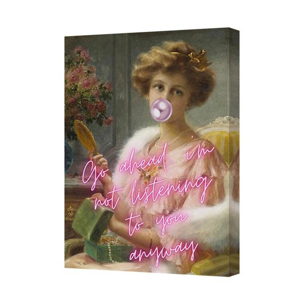Benjamin Tate Design Vintage Portrait Canvas Wall Art With Neon Pink Text Bubblegum Quote