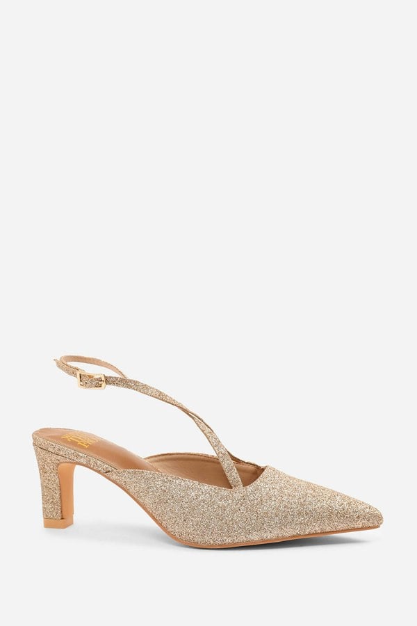 Where's That From Austen Wide Fit Pointed Toe Low Block Heel With Cross Over Ankle Strap in Gold Fine Glitter