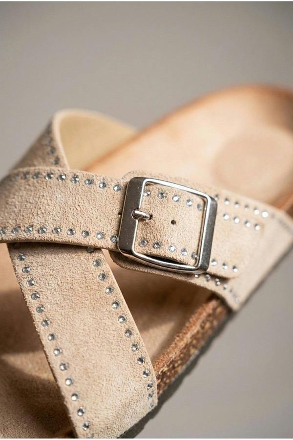 Ruby Womens Studded Criss Cross Slide Sandals - Beige