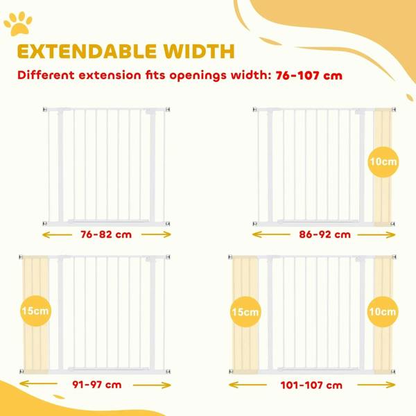 White pet safety gate infographic with expandable width measurements