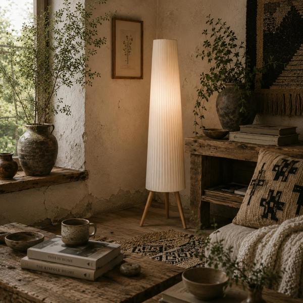 Wyld Haus Liletti Natural Wood and White Fabric 3 Level Tripod Scandi Floor Lamp