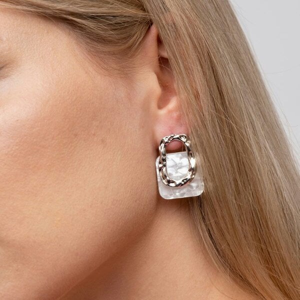 The Colourful Aura Gold Acrylic Resin Geometric Hollow Square Lock Hanging Foil Stud Drop Earring