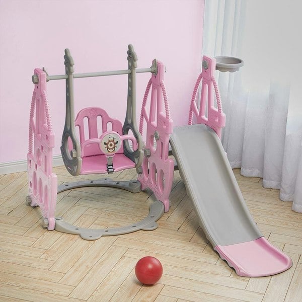 3 in 1 Kids Swing and Slide Set Toddler Climber Playset Swing Sets & Playsets Living and Home Pink and Grey