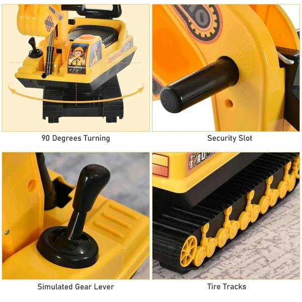 Yellow ride-on excavator toy detail views: gear lever, security slot, and tread tracks