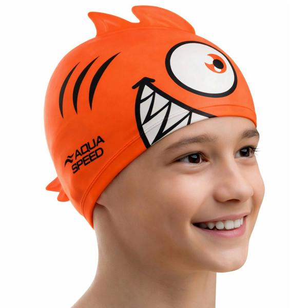 Aqua Speed Boys Girls Piranha Patterned Swimming Cap | Silicone 3D Print Easy Fit Swim Cap