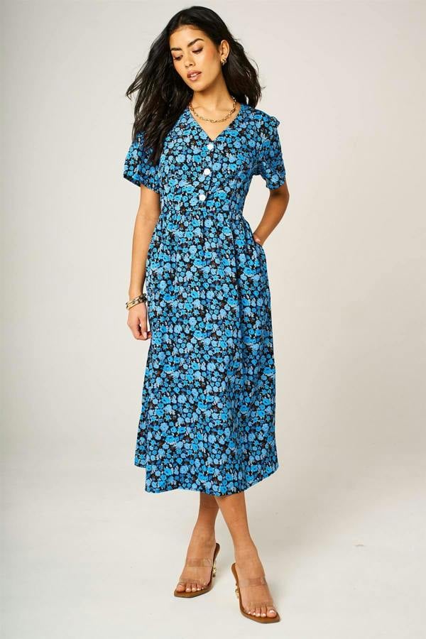FS Collection Floral Print Button Front Midi Dress In Royal Blue