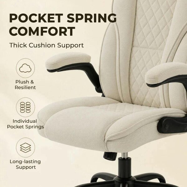Office Chair, Ergonomic Desk Chair with Flip-up Armrest, Pocket Springs, Swivel Wheels, Adjustable Height, Beige