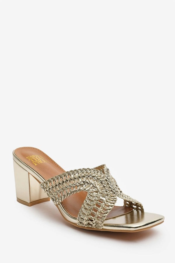 Where's That From Summer Woven Strap Block Heel Slides in Gold Metallic Faux Leather