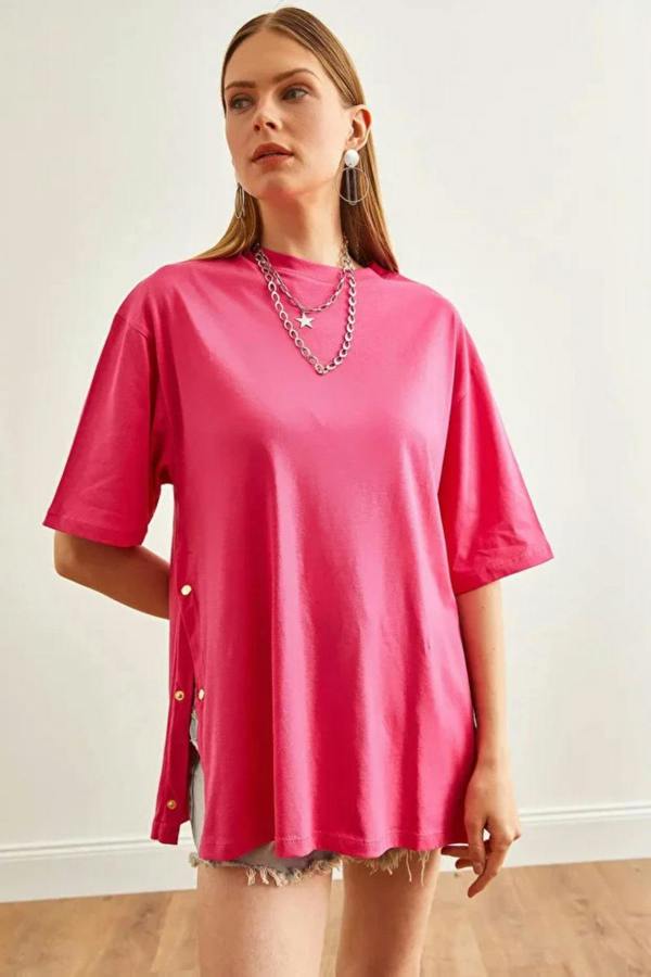 Hoxton Gal 100% Cotton T-Shirt with Side Buttons