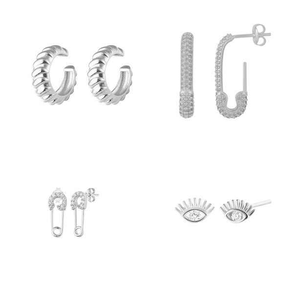 Spero London Sterling Silver Safety Pin Stud Croissant Ear Cuff and Evil Eye Earrings Set - Pair