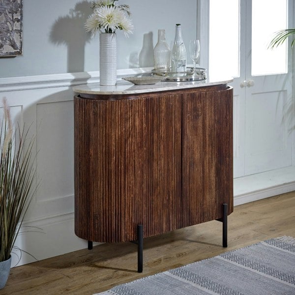 IH Design Miel Mango Wood Sideboard/Drinks Cabinet With Marble Top & Metal Legs