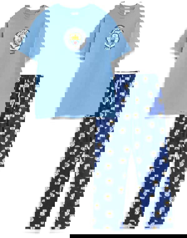 Manchester City Mens Blue Logo Short Sleeve Long Leg Pyjama Set