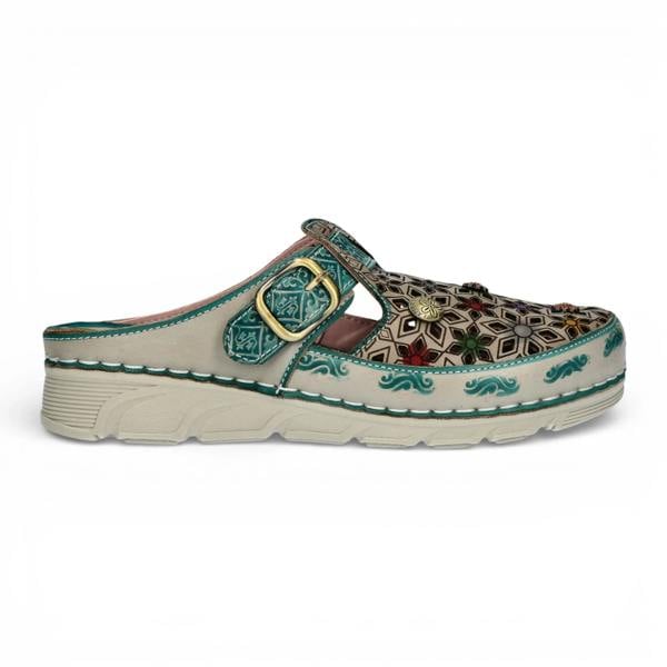 Laura Vita Dorry 01 - Women’s Floral Blue Leather Wedge Slipper