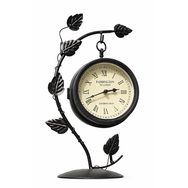 Double Sided Leaf Design Garden Clock in Black Metal