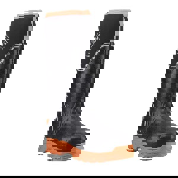 Muck Boots MUCK Boots GRIT S5 Mens Tall Safety Composite Toe/Midsole Wellie, black and orange work safety boot with a high shin length, durable sole, and reinforced toe cap.