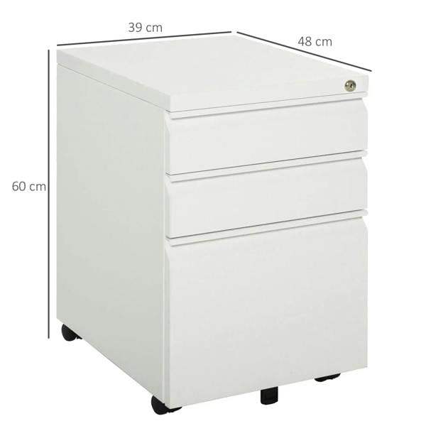 White 3-drawer mobile metal filing cabinet with anti-tilt base and caster wheels.