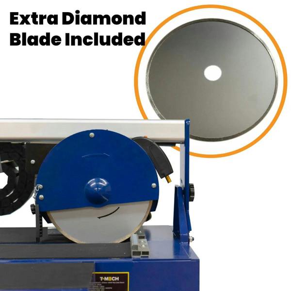 Wet tile cutter bench with a blue body, featuring a circular diamond blade and an extra blade included for enhanced cutting performance