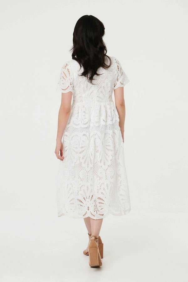 White | Semi Sheer Lace Layered Midi Dress