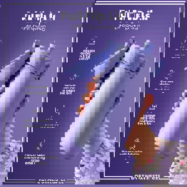 A purple stainless steel water bottle is held; its lid flips open 240 degrees. The bottle's features are highlighted, emphasizing a safer design for on-the-go use.