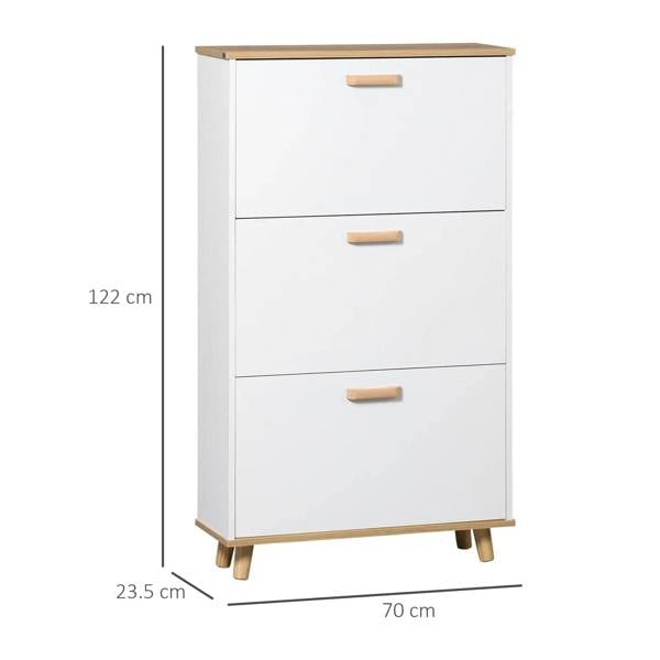 White slim shoe cabinet with three flip drawers, 70cm wide, wood-tone base