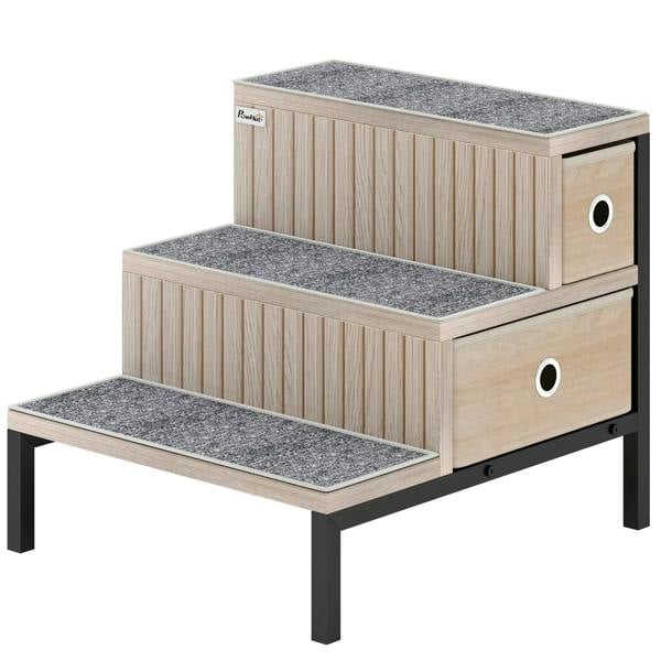 Oak-tone wooden pet stairs with three steps and gray non-slip pads, two storage drawers
