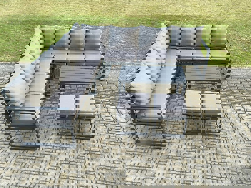 Fimous Aluminium Patio Outdoor Garden Furniture Lounge Corner Sofa Set with Oblong Coffee Table 2 Small Footstools Dark Grey