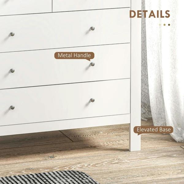 White dresser with metal drawer pulls and elevated base, close-up of drawer fronts
