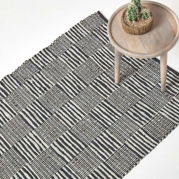 HOMESCAPES Black & White Real Leather Handwoven Striped Block Check Rug