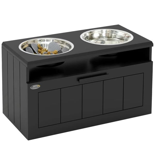 Raised black dog feeding station with two stainless bowls and slow-feeder insert, front drawer.