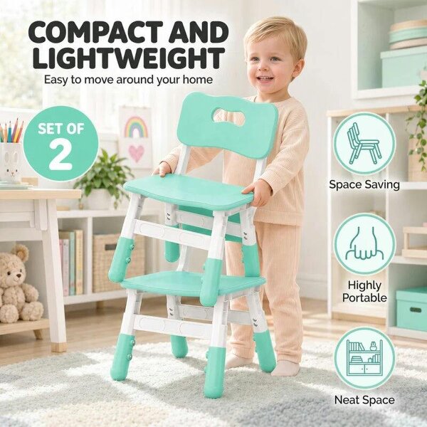 2 PCS Kids Desk Chairs, 3 Level Height Adjustable Children's Chairs with Backrest for 1.5-8 Years, Max Load 50KG, Green