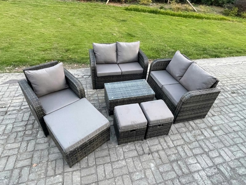 Fimous High Back Rattan Garden Lounge Sofa Set - Dark Grey Mixed Indoor/Outdoor Patio Furniture with Loveseat & Rectangular Coffee Table