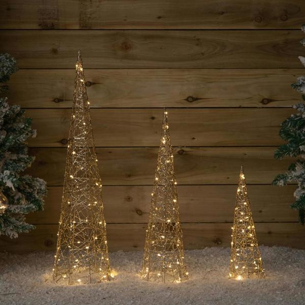Samuel Alexander Set of 3 Gold Light Up Gold Christmas Cones Decorations with 120 Warm White LEDs